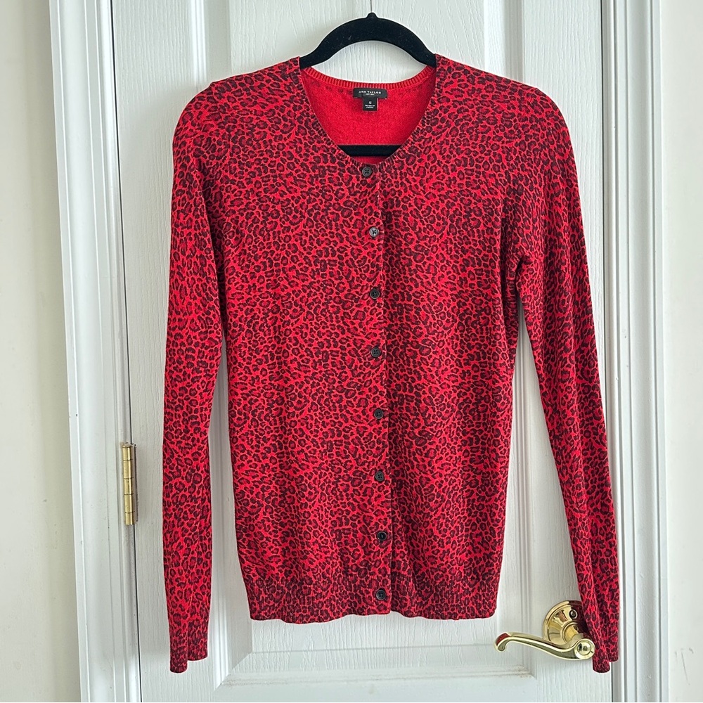Ann Taylor Vibrant Red Leopard Print Silk Cotton Cashmere Knit Cardigan - small